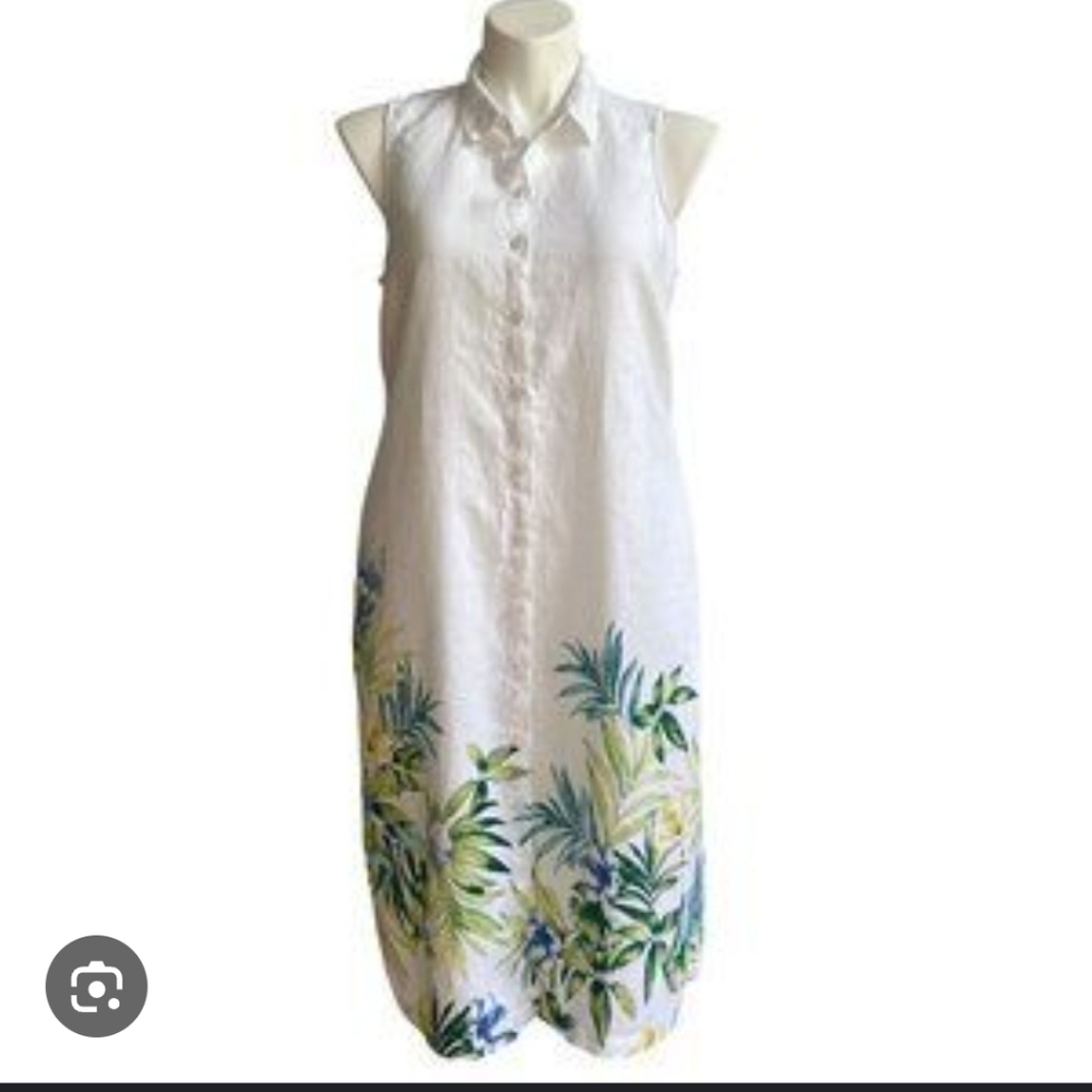 Tommy Bahama White 100% Linen Button Up Shift Dress Womens L Tropical Floral EUC - Picture 1 of 12